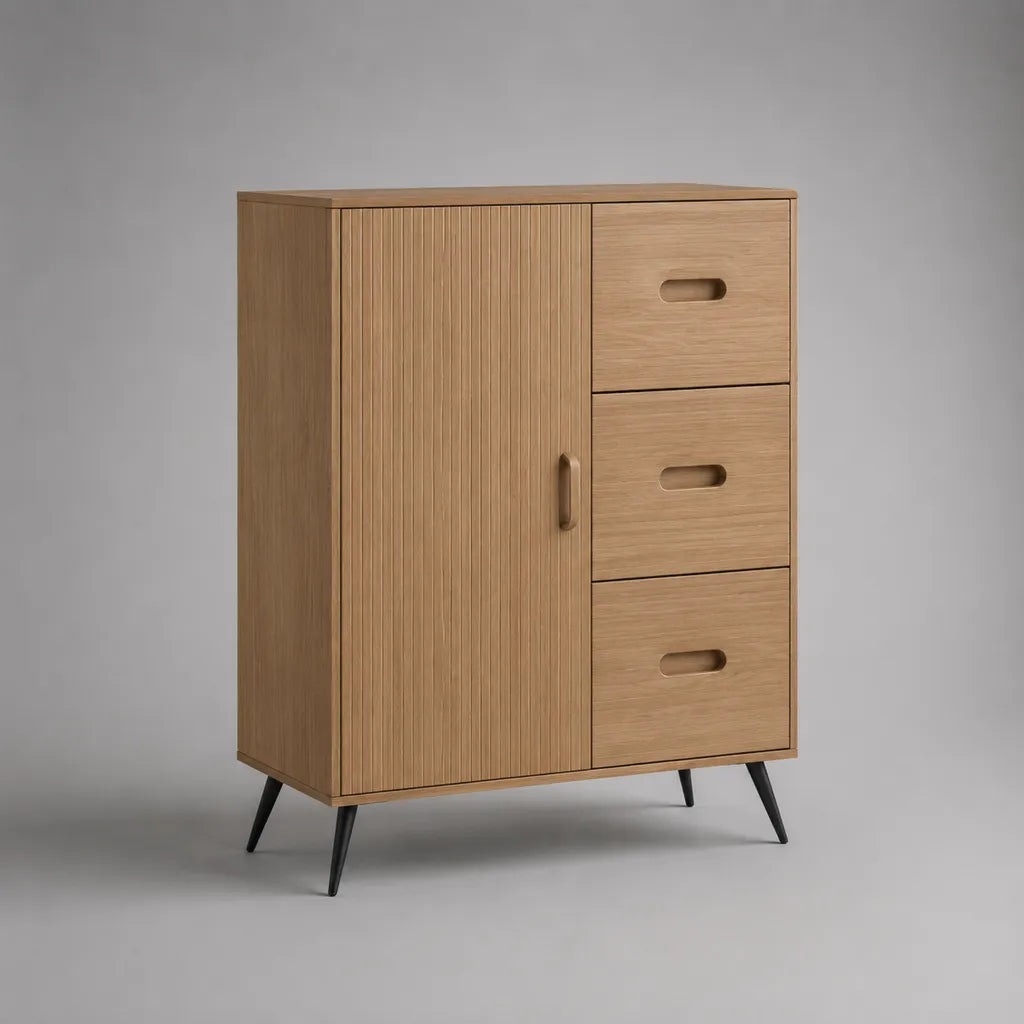 Sideboard aus MDF mit Eichenfurnier, 3 Schubladen und 1 Tür, Natur/Schwarz, 70 × 35 × 100 cm