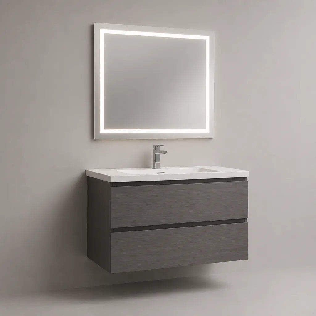Wandhängendes Waschtisch-Set aus MDF mit Keramikwaschbecken 80 × 46 × 55 cm und LED-Spiegel 80 × 70 cm, Dunkelgrau/Weiß