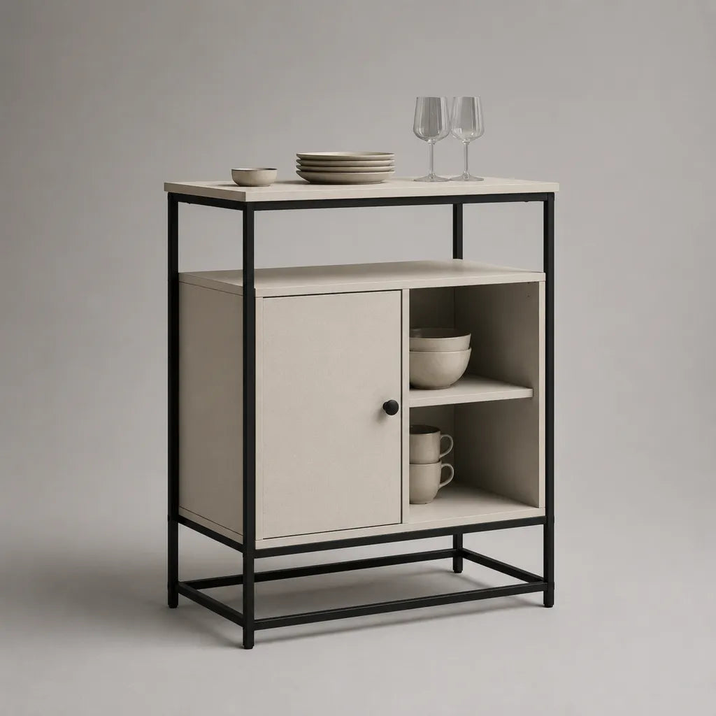 Sideboard mit Tür und 2 offenen Fächern aus Spanplatte und Stahl, Beige/Schwarz, 80 × 40 × 95 cm