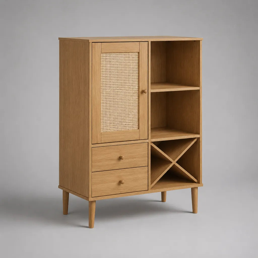 Sideboard aus MDF mit Eichenfurnier, Rattantür, 2 Schubladen und Weinregal, Naturbraun/Beige, 90 × 40 × 120 cm