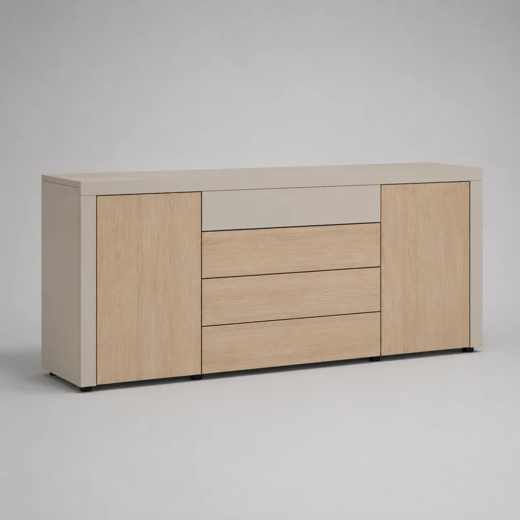 Sideboard aus Spanplatte mit 2 Türen und 4 Schubladen, Eiche natur und Greige, 180 × 40 × 80 cm