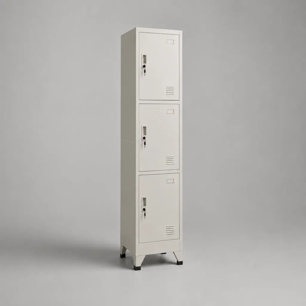 Abschließbarer Spindschrank aus Stahl mit 3 Fächern, Weiß/Schwarz, 38 × 45 × 180 cm