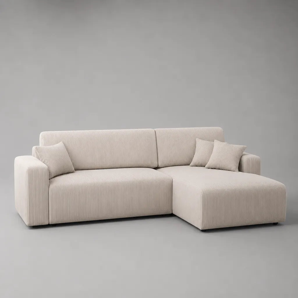 Ecksofa mit Ottomane rechts, 3-Sitzer in L-Form, Polyester-Cord, Cremeweiß, 250 × 160 × 85 cm
