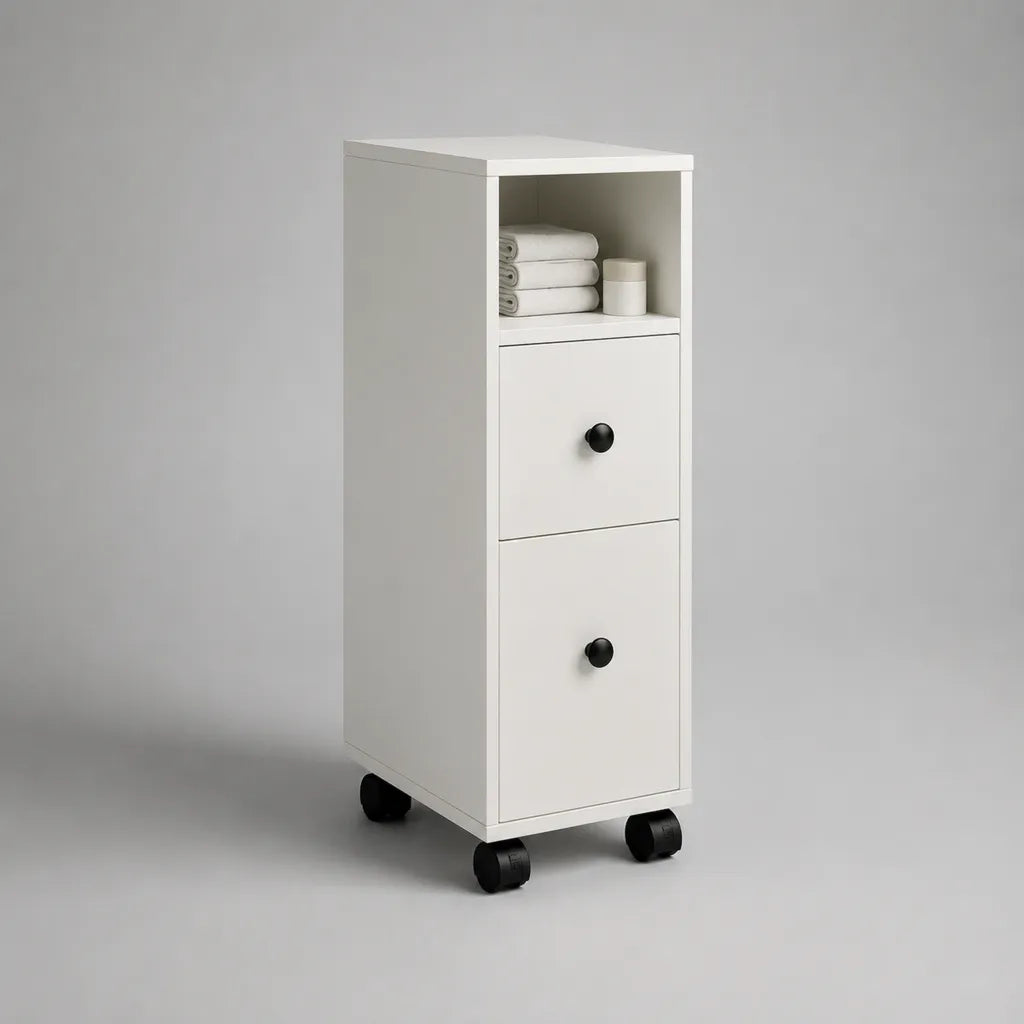 Schmaler Rollcontainer mit 2 Schubladen und offenem Fach aus melaminharzbeschichteter Spanplatte, Weiß/Schwarz, 30 × 30 × 80 cm