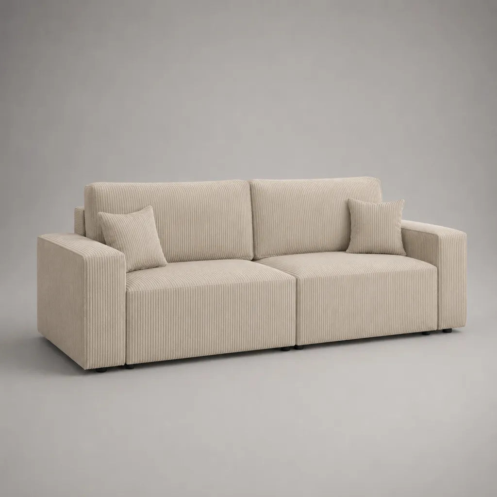 2-Sitzer-Sofa rechteckig aus Polyester-Cord mit 2 Kissen, Beige, 220 × 90 × 82 cm