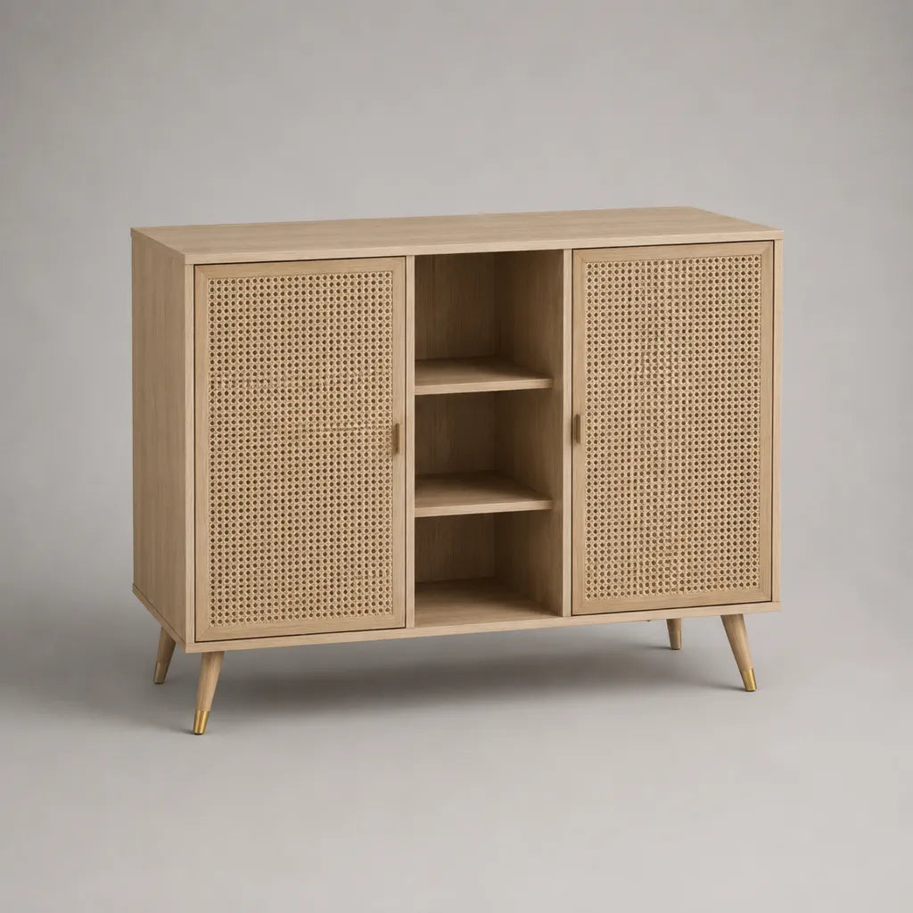 Rechteckiges Sideboard mit 2 Rattangeflecht-Türen und 3 offenen Fächern, MDF mit Eichenfurnier, Natur und Messingfarben, 120 × 40 × 90 cm