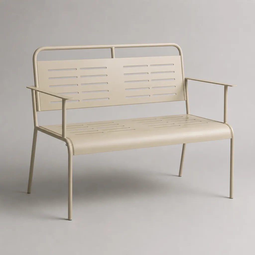Gartenbank 2-Sitzer aus Stahl mit Armlehnen, Beige, 118 × 60 × 83 cm