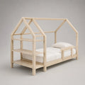 Kinder-Hausbett aus Holz mit dreistufigem Regal und Rausfallschutz, Natur, Liegefläche 90 × 200 cm, Gesamtmaß 208 × 126 × 180 cm