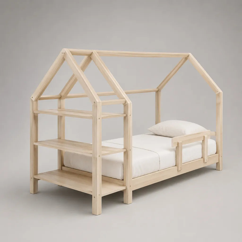 Kinder-Hausbett aus Holz mit dreistufigem Regal und Rausfallschutz, Natur, Liegefläche 90 × 200 cm, Gesamtmaß 208 × 126 × 180 cm
