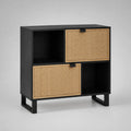 Sideboard mit 2 Türen und 2 offenen Fächern, Spanplatte, Rattangeflecht und Stahl, Schwarz/Naturfarben, 80 × 35 × 85 cm