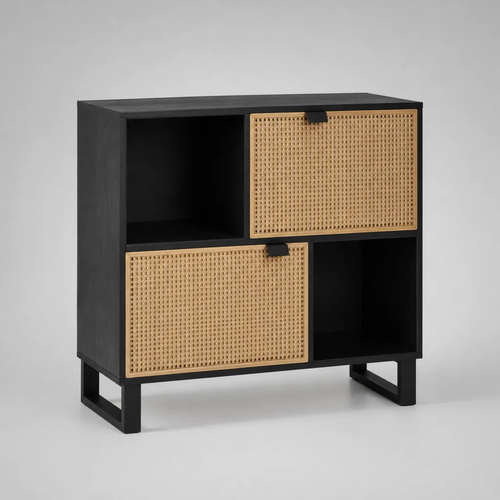 Sideboard mit 2 Türen und 2 offenen Fächern, Spanplatte, Rattangeflecht und Stahl, Schwarz/Naturfarben, 80 × 35 × 85 cm