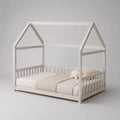Kinderhausbett 140 × 200 cm aus massivem Kiefernholz, Weiß, mit Rausfallschutz und Lattenrost