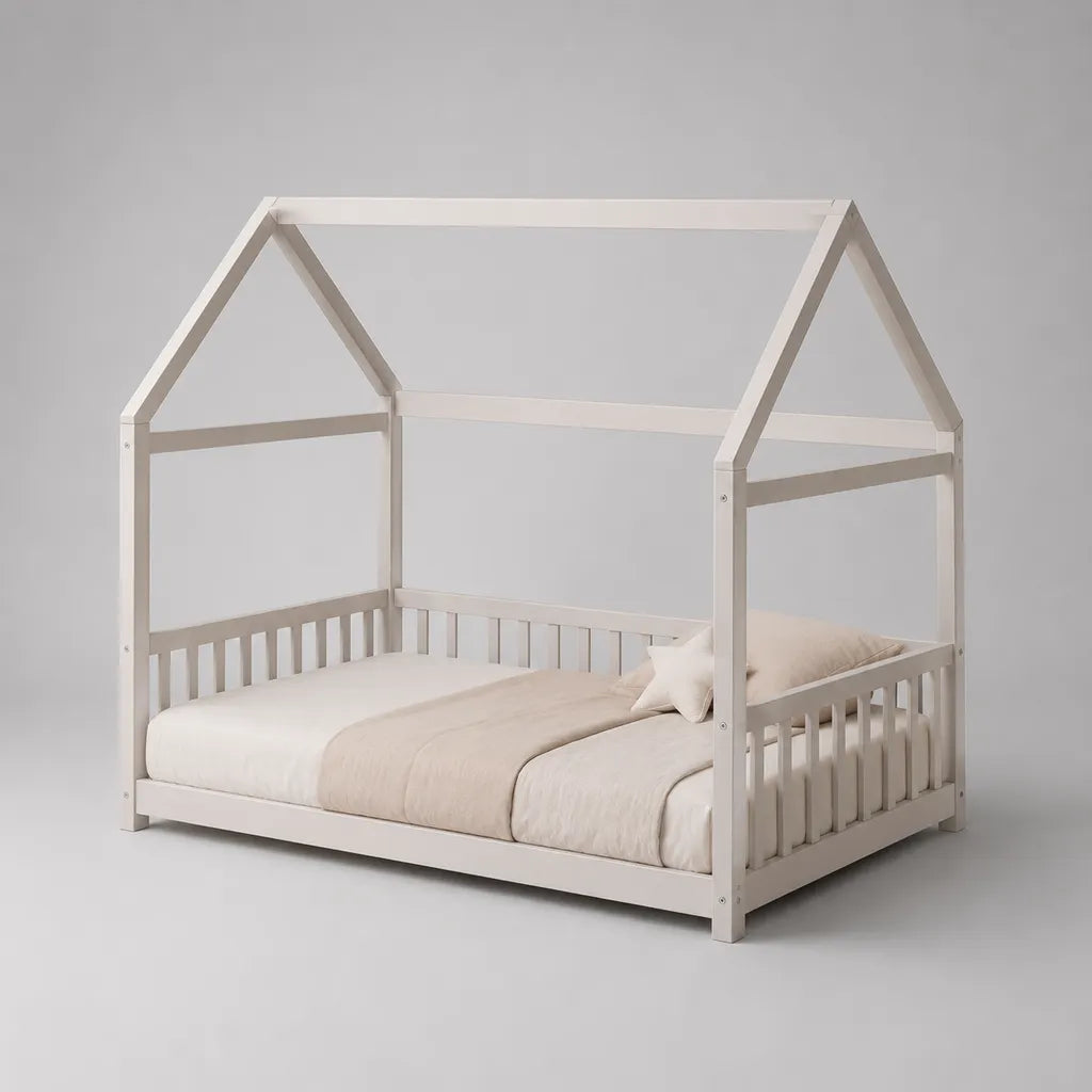 Kinderhausbett 140 × 200 cm aus massivem Kiefernholz, Weiß, mit Rausfallschutz und Lattenrost