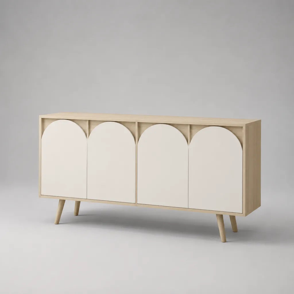 Sideboard mit 4 Türen aus MDF und Spanplatte, Massivholzbeine, Naturbeige/Warmweiß, 160 × 40 × 85 cm
