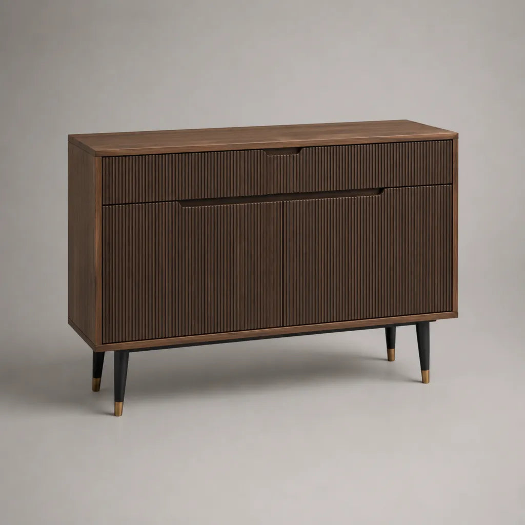 Sideboard mit 2 Türen und 2 Schubladen aus MDF mit Walnussfurnier, Dunkelbraun, 120 × 40 × 85 cm