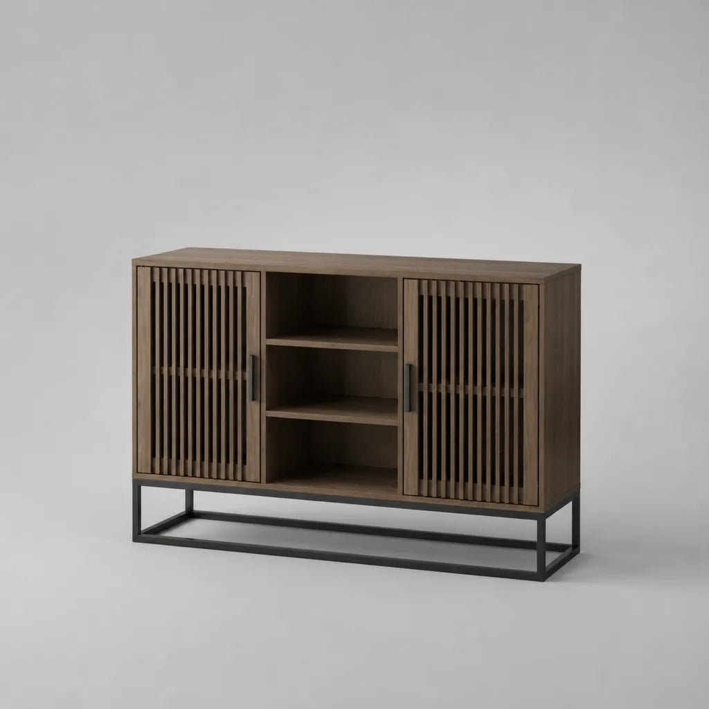 Sideboard mit 2 Lamellentüren und 3 offenen Fächern, Dunkelbraun/Schwarz, 140 × 40 × 90 cm, MDF mit Eichenfurnier und Stahl