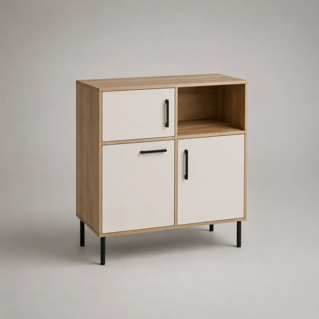 Sideboard aus melaminbeschichteter Spanplatte mit 3 Türen und offenem Fach, Eichefarben/Weiß/Schwarz, 80 x 35 x 90 cm