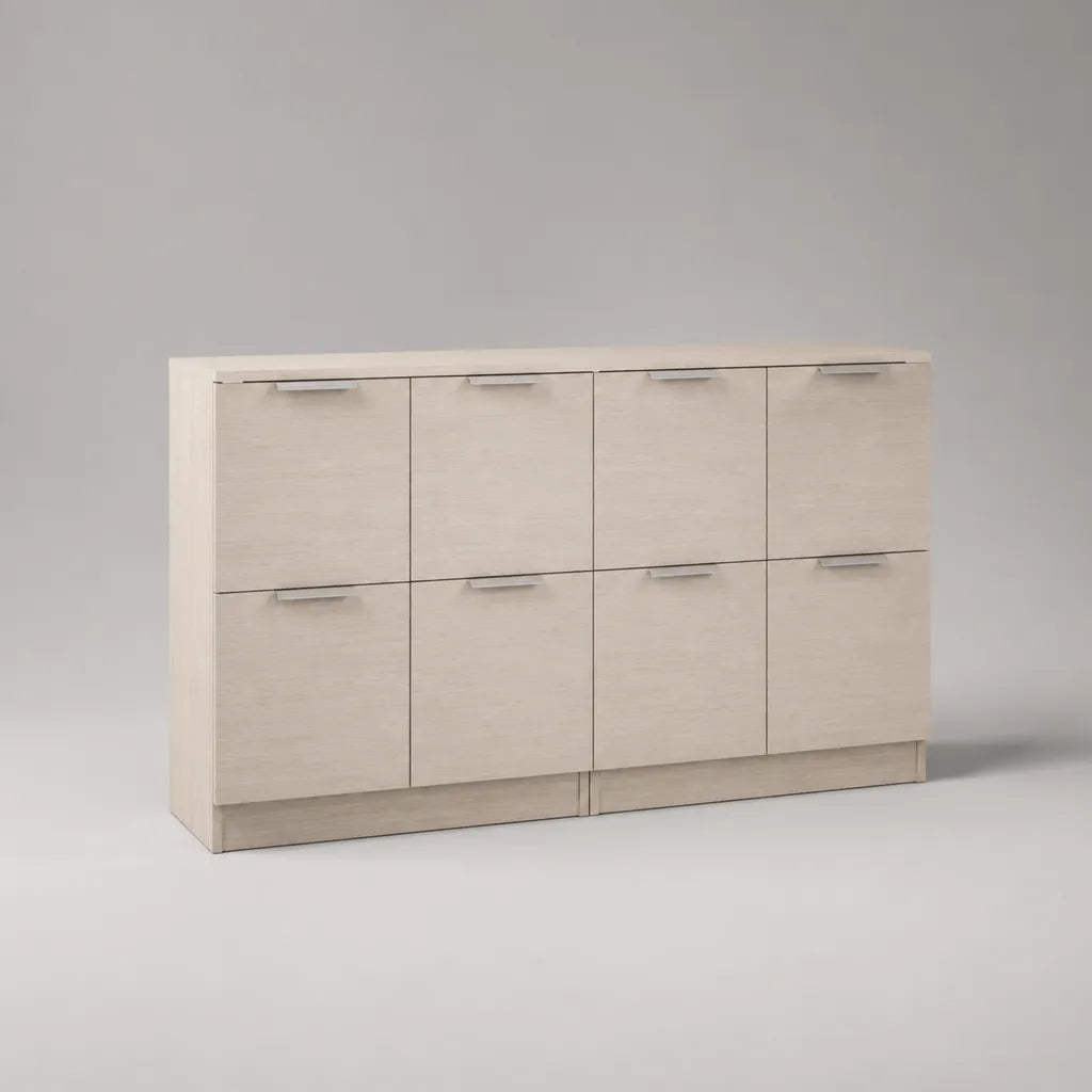 Sideboard mit 8 Türen aus melaminbeschichteter Spanplatte, Eiche hell, 160 × 35 × 90 cm
