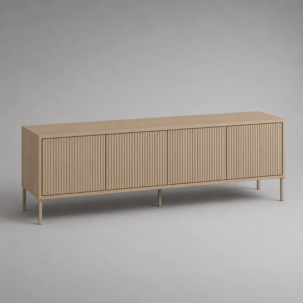 Rechteckiges Sideboard mit 4 Türen und geriffelten Fronten aus MDF mit Eichenfurnier, Natureiche und Beige, 180 × 40 × 75 cm