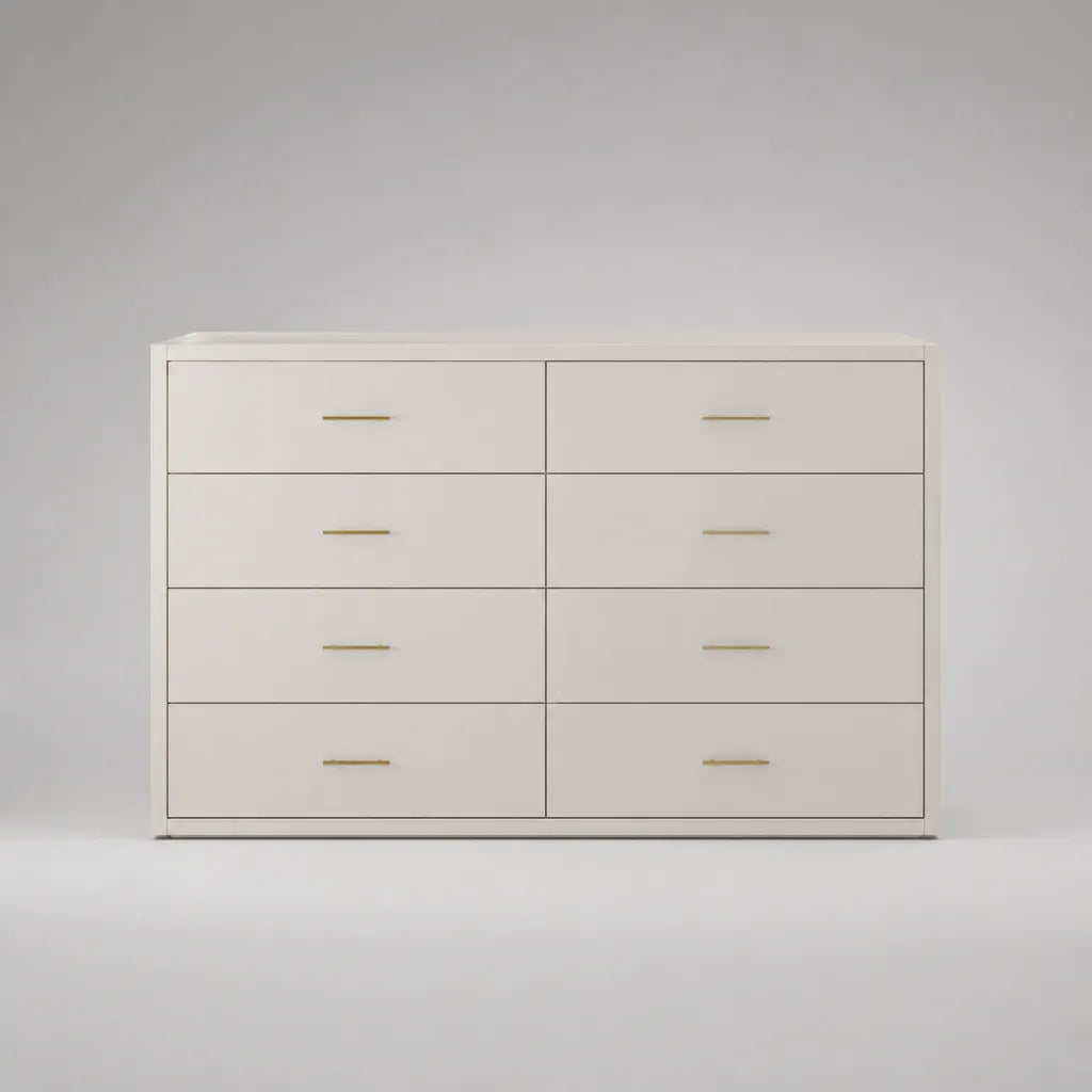 Sideboard-Kommode mit 8 Schubladen aus lackierter MDF-Platte, Weiß und messingfarben, 120 × 40 × 80 cm