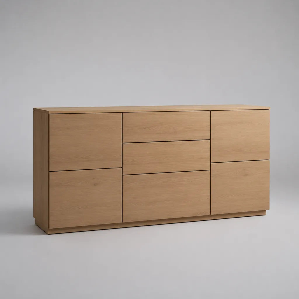 Sideboard mit 4 Türen und 3 Schubladen, MDF mit Eichenfurnier, Eiche Natur, 160 × 40 × 80 cm