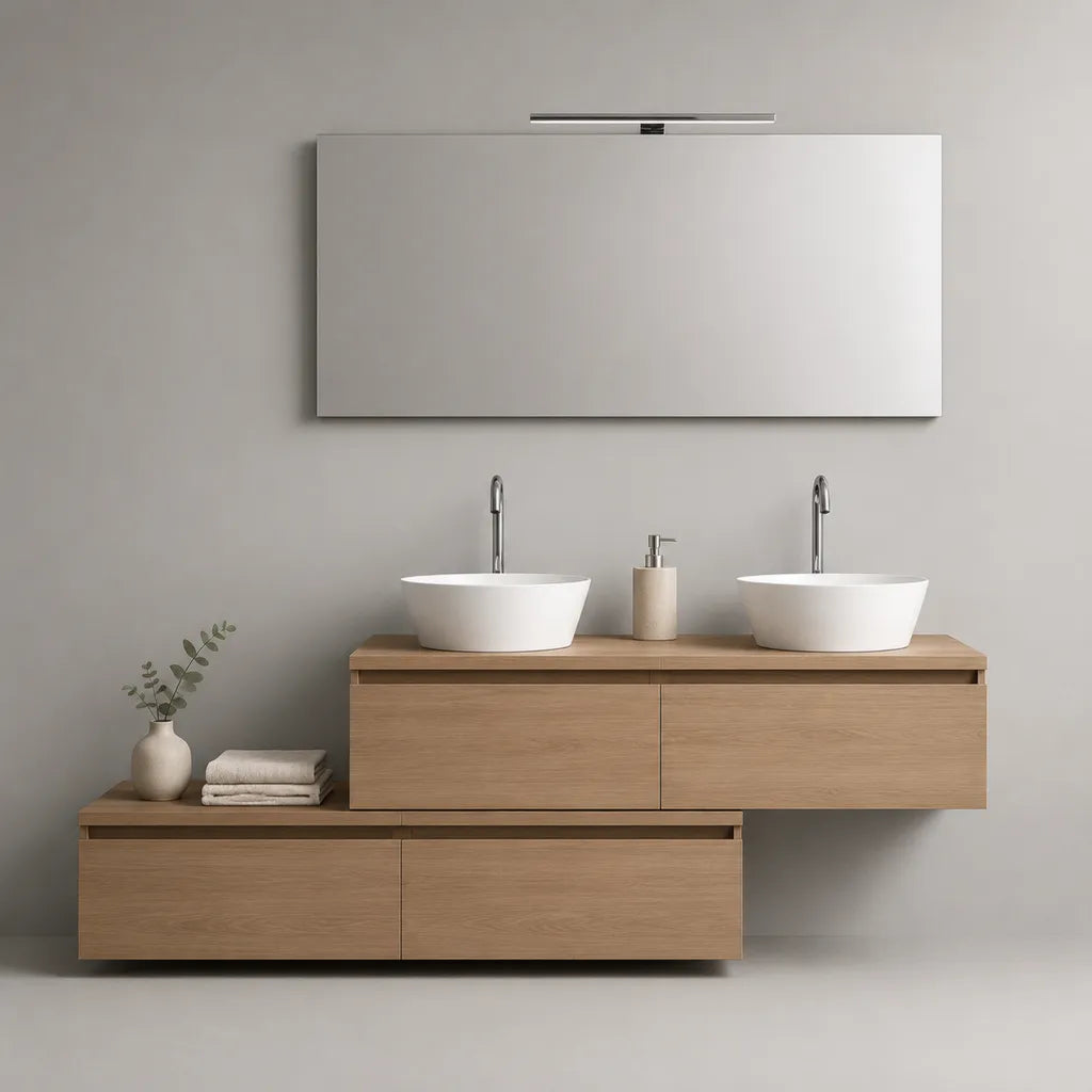 2-teilige Waschtischunterschrank-Garnitur aus MDF mit Eichenfurnier, Eiche Natur/Schwarz, 120 × 50 × 40 cm und 90 × 45 × 40 cm