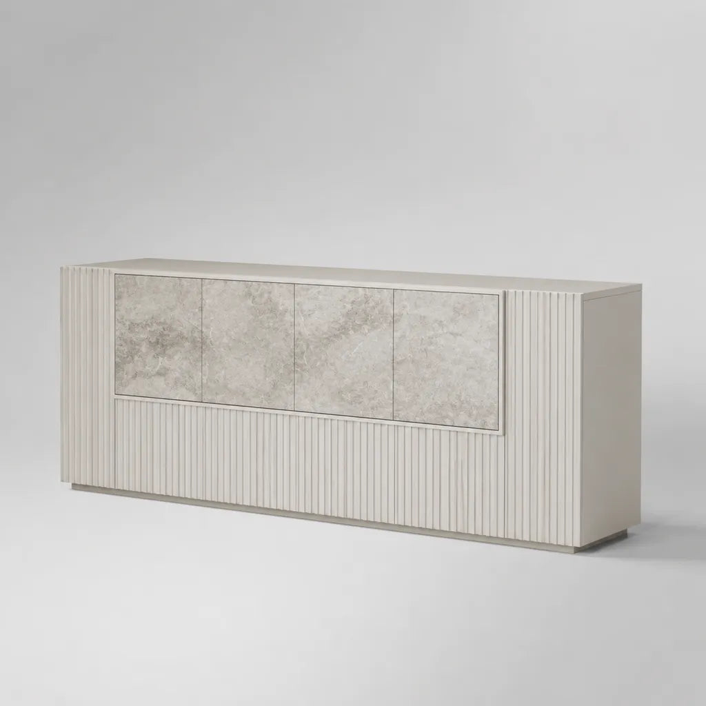 Sideboard mit 4 Türen aus MDF und Spanplatte, Weiß mit beige-grauer Steinoptik, 180 × 40 × 80 cm
