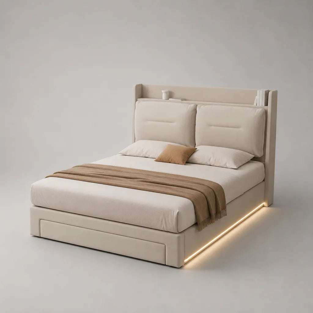 Stauraumbett Doppelbett mit Bettkasten, LED-Beleuchtung, Polyesterbezug und MDF, Beige, Liegefläche 160 × 200 cm, Gesamtmaß 174 × 218 × 120 cm
