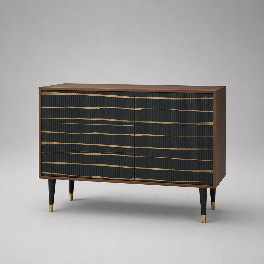 Sideboard mit 2 Türen aus MDF mit Walnussfurnier, geriffelt, Braun/Schwarz/Gold, 120 × 40 × 85 cm